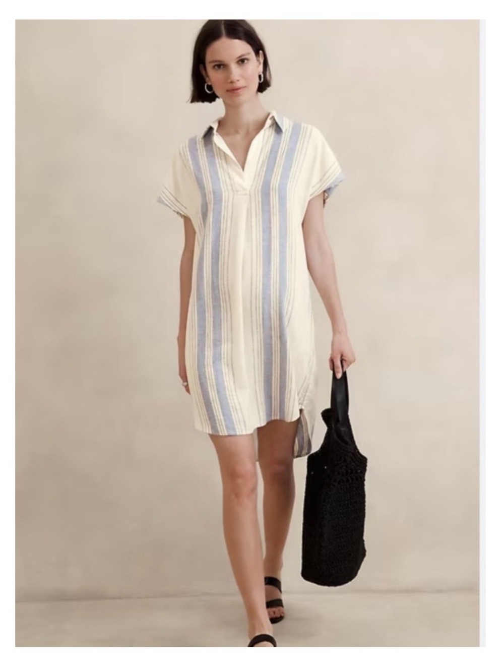 Banana Republic Cream and Light Blue Striped Collared Linen Dress, Sz S